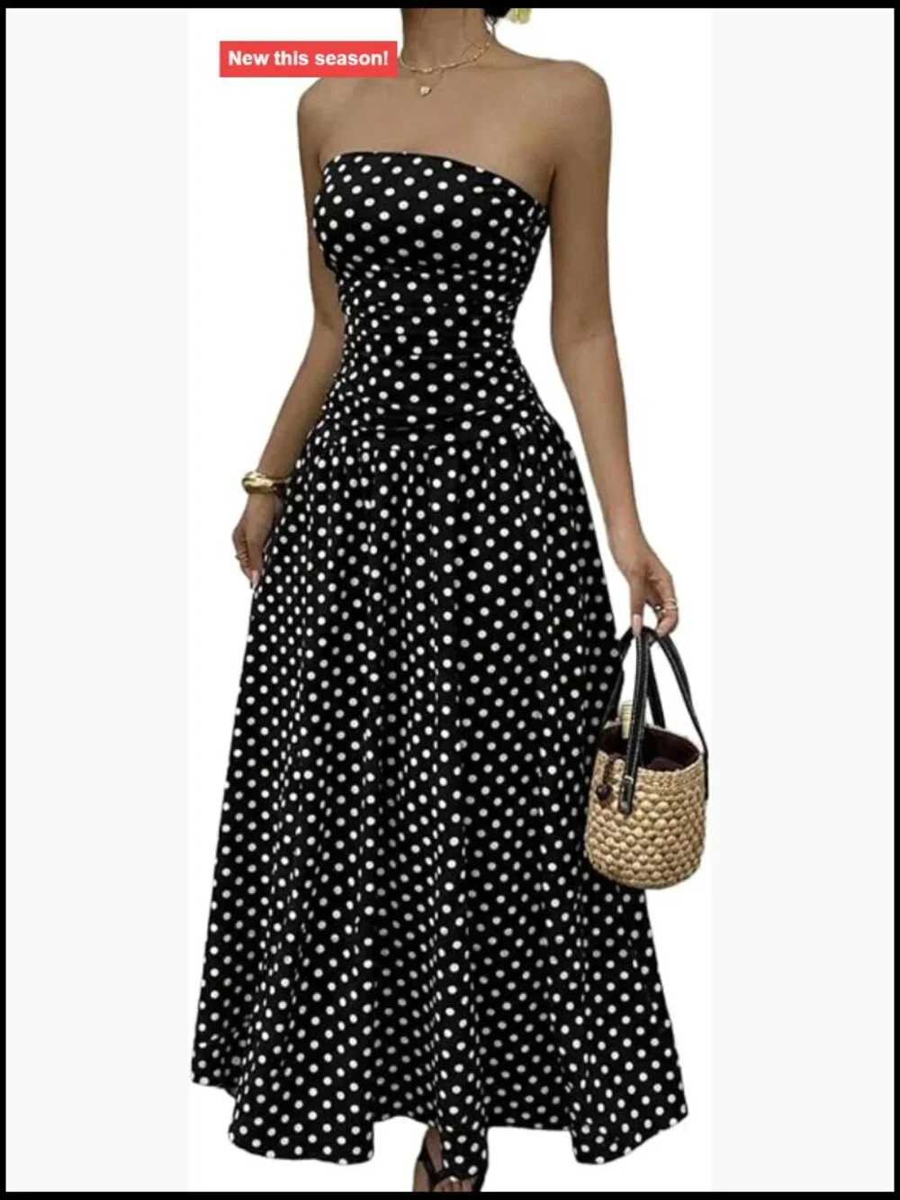 Strapless Polka Dot Maxi Dress Flowy A-Line Summer Boho Beach Vacation